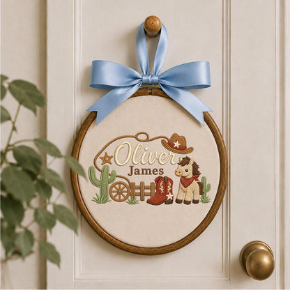Personalized Cowboy Baby Embroidered Ornament, Custom Western Name Hoop, Horse Nursery Decor, Baby Boy Keepsake, Cowboy Baby Gift