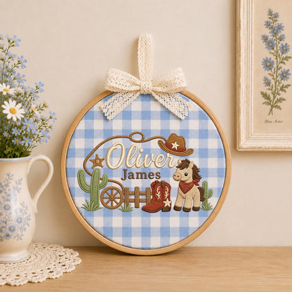 Personalized Cowboy Baby Embroidered Ornament, Custom Western Name Hoop, Horse Nursery Decor, Baby Boy Keepsake, Cowboy Baby Gift