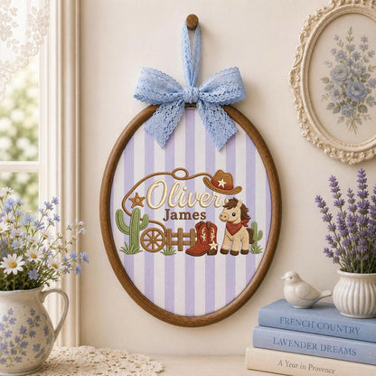 Personalized Cowboy Baby Embroidered Ornament, Custom Western Name Hoop, Horse Nursery Decor, Baby Boy Keepsake, Cowboy Baby Gift