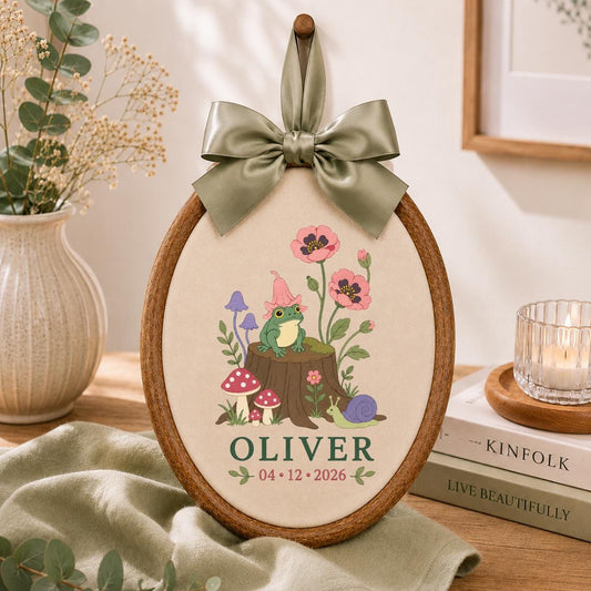 Personalized Frog Embroidery Hoop, Oliver Witch Hat Wall Hanging, Mushroom and Snail Woodland Decor, Custom Name Date Gift