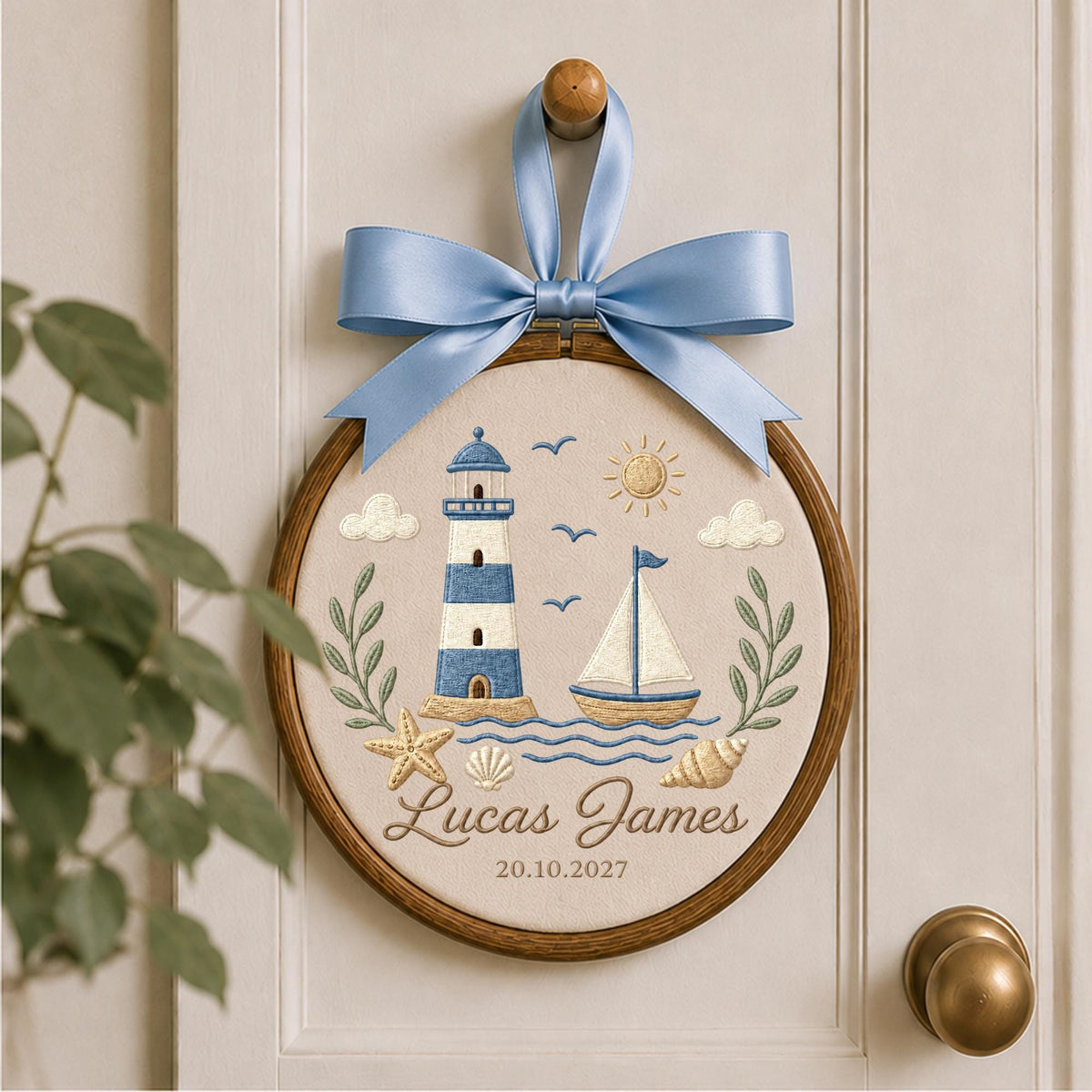 Personalized Lighthouse Embroidered Ornament, Custom Baby Boy Name Hoop, Nautical Nursery Decor, Sailboat Ocean Keepsake, Coastal Baby Gift
