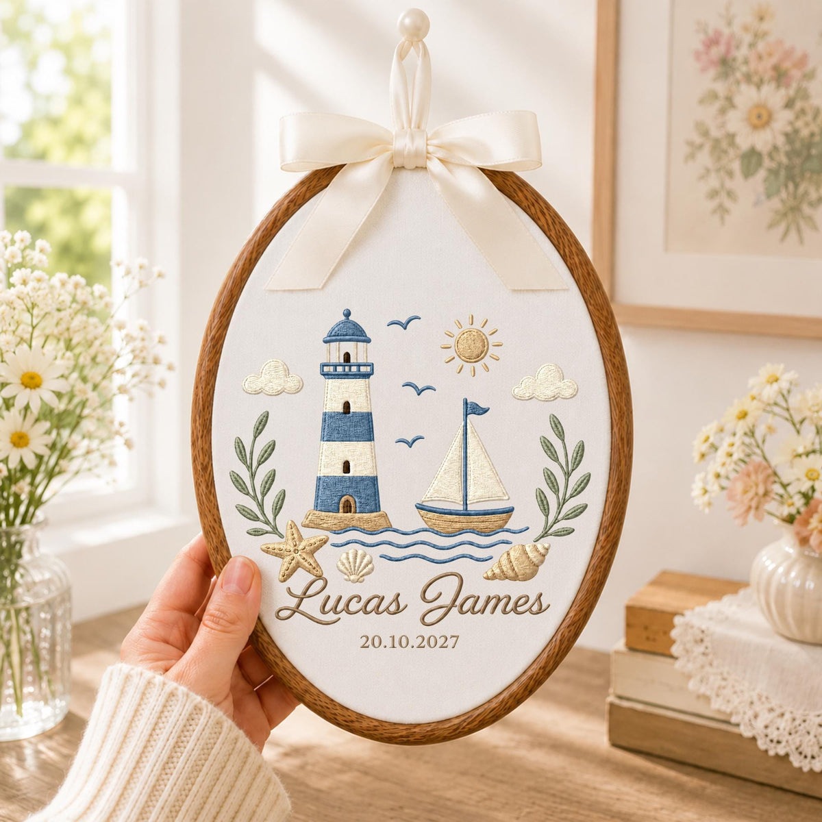 Personalized Lighthouse Embroidered Ornament, Custom Baby Boy Name Hoop, Nautical Nursery Decor, Sailboat Ocean Keepsake, Coastal Baby Gift