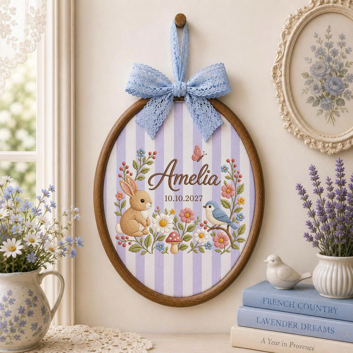 Personalized Bunny Baby Embroidered Ornament, Custom Baby Name Floral Hoop, Woodland Nursery Decor, Rabbit & Bird Keepsake, Baby Shower Gift