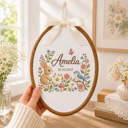 Personalized Bunny Baby Embroidered Ornament, Custom Baby Name Floral Hoop, Woodland Nursery Decor, Rabbit & Bird Keepsake, Baby Shower Gift