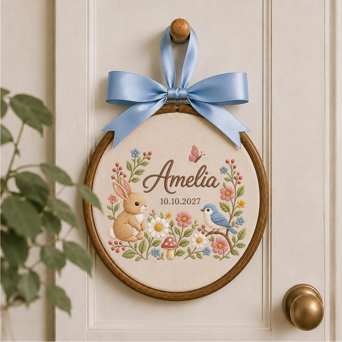 Personalized Bunny Baby Embroidered Ornament, Custom Baby Name Floral Hoop, Woodland Nursery Decor, Rabbit & Bird Keepsake, Baby Shower Gift