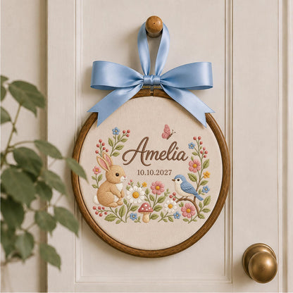 Personalized Bunny Baby Embroidered Ornament, Custom Baby Name Floral Hoop, Woodland Nursery Decor, Rabbit & Bird Keepsake, Baby Shower Gift