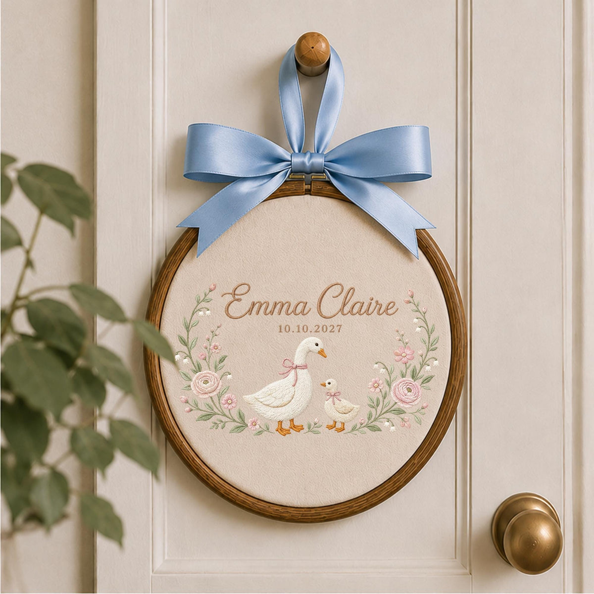 Personalized Goose Baby Embroidered Ornament, Custom Baby Name Floral Hoop, Duckling Nursery Decor, Baby Girl Keepsake, Newborn Gift