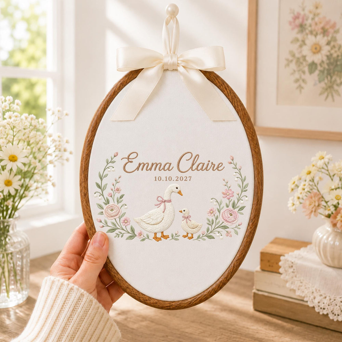 Personalized Goose Baby Embroidered Ornament, Custom Baby Name Floral Hoop, Duckling Nursery Decor, Baby Girl Keepsake, Newborn Gift