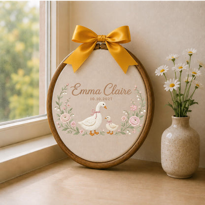 Personalized Goose Baby Embroidered Ornament, Custom Baby Name Floral Hoop, Duckling Nursery Decor, Baby Girl Keepsake, Newborn Gift