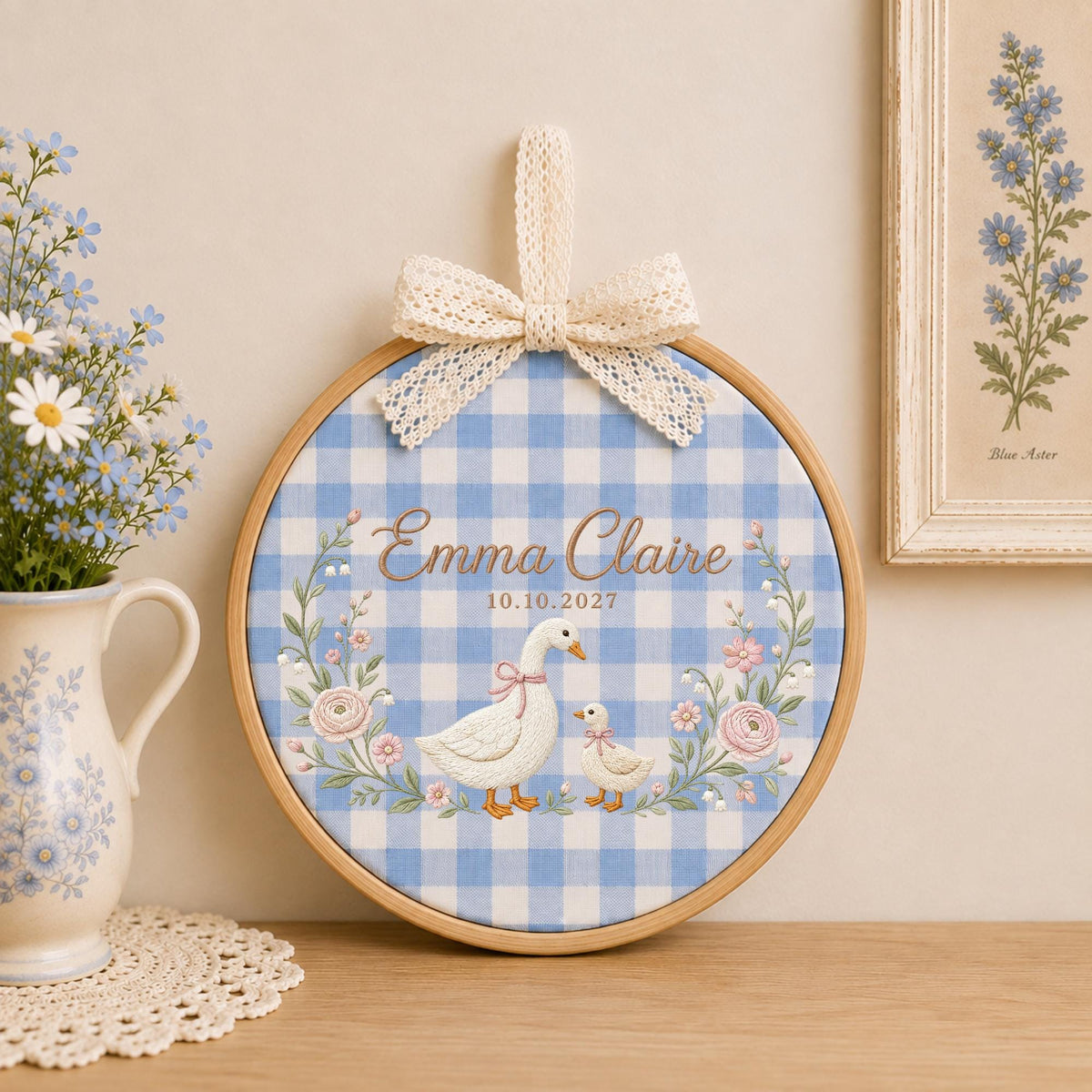 Personalized Goose Baby Embroidered Ornament, Custom Baby Name Floral Hoop, Duckling Nursery Decor, Baby Girl Keepsake, Newborn Gift