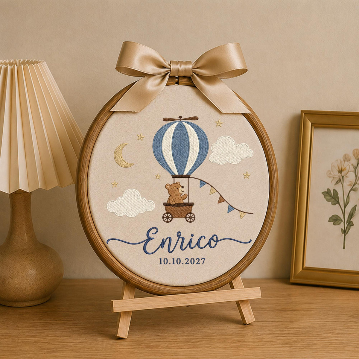 Personalized Hot Air Balloon Embroidered Ornament, Custom Baby Boy Name Hoop, Teddy Bear Nursery Decor, Newborn Keepsake, Baby Shower Gift