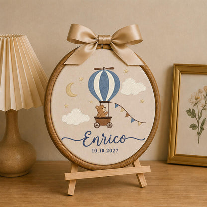 Personalized Hot Air Balloon Embroidered Ornament, Custom Baby Boy Name Hoop, Teddy Bear Nursery Decor, Newborn Keepsake, Baby Shower Gift