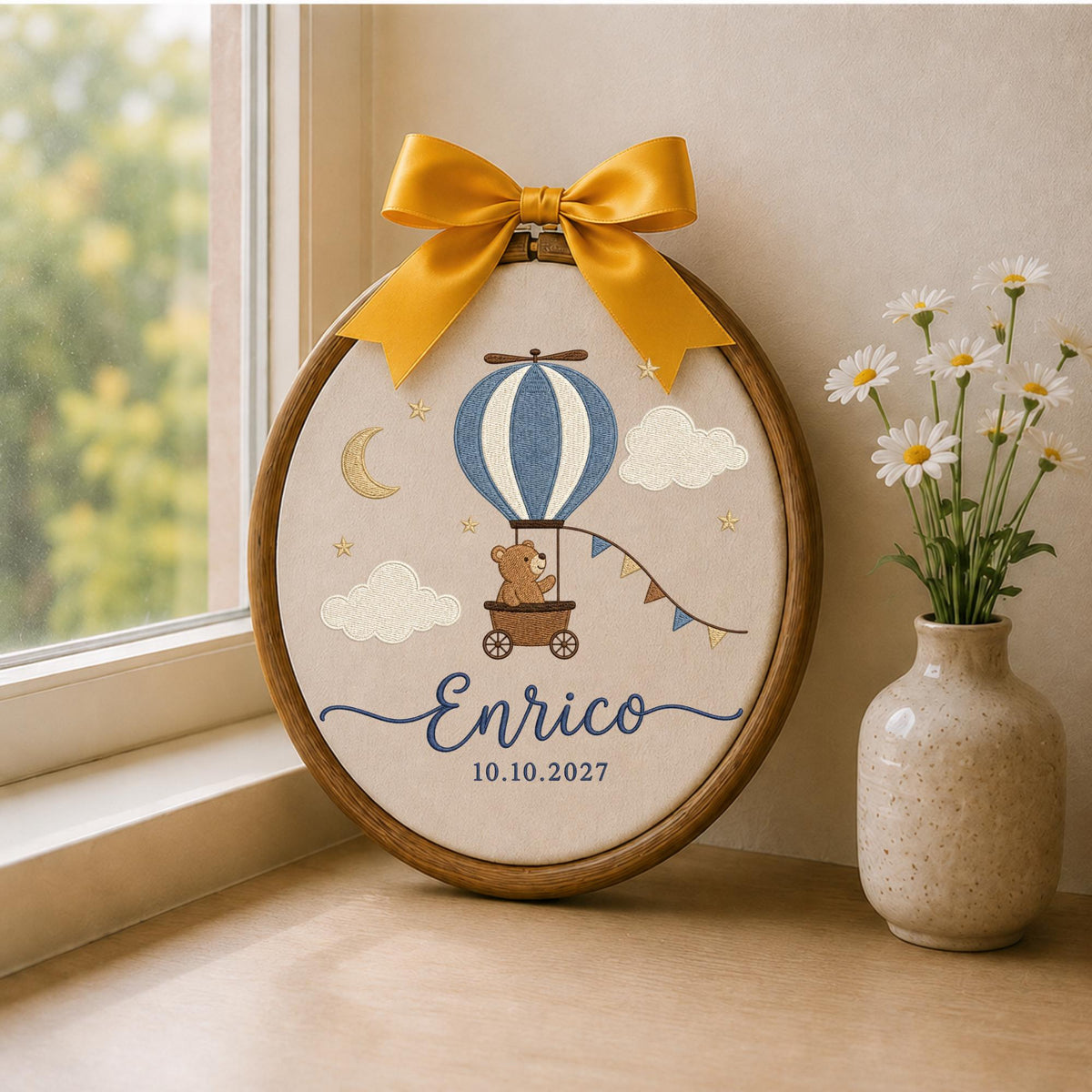 Personalized Hot Air Balloon Embroidered Ornament, Custom Baby Boy Name Hoop, Teddy Bear Nursery Decor, Newborn Keepsake, Baby Shower Gift