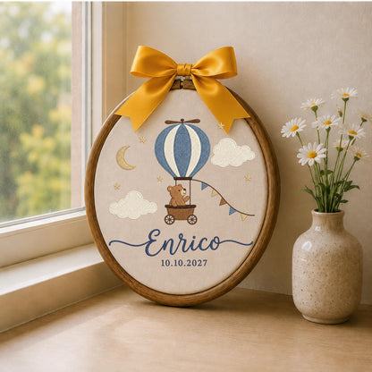 Personalized Hot Air Balloon Embroidered Ornament, Custom Baby Boy Name Hoop, Teddy Bear Nursery Decor, Newborn Keepsake, Baby Shower Gift