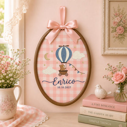 Personalized Hot Air Balloon Embroidered Ornament, Custom Baby Boy Name Hoop, Teddy Bear Nursery Decor, Newborn Keepsake, Baby Shower Gift