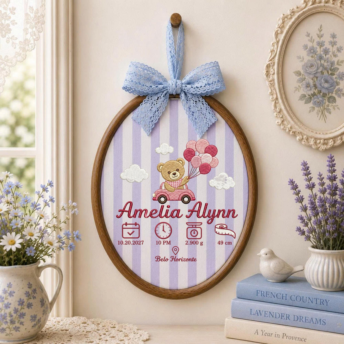 Personalized Baby Birth Stats Embroidered Ornament, Custom Teddy Bear Name Hoop, Newborn Birth Announcement, Baby Girl Keepsake Gift