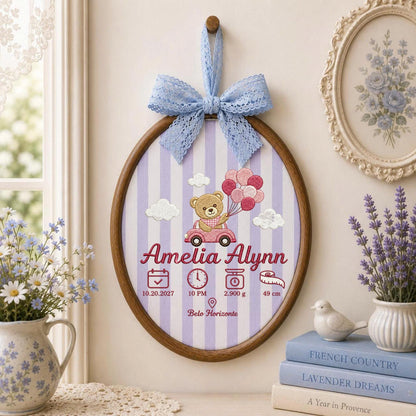 Personalized Baby Birth Stats Embroidered Ornament, Custom Teddy Bear Name Hoop, Newborn Birth Announcement, Baby Girl Keepsake Gift