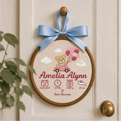 Personalized Baby Birth Stats Embroidered Ornament, Custom Teddy Bear Name Hoop, Newborn Birth Announcement, Baby Girl Keepsake Gift