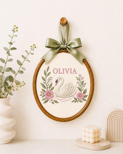 Personalized Swan Baby Embroidered Ornament, Custom Baby Name Hoop, Floral Nursery Decor, Baby Girl Gift, Newborn Keepsake