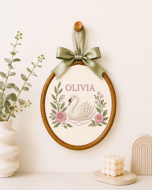 Personalized Swan Baby Embroidered Ornament, Custom Baby Name Hoop, Floral Nursery Decor, Baby Girl Gift, Newborn Keepsake