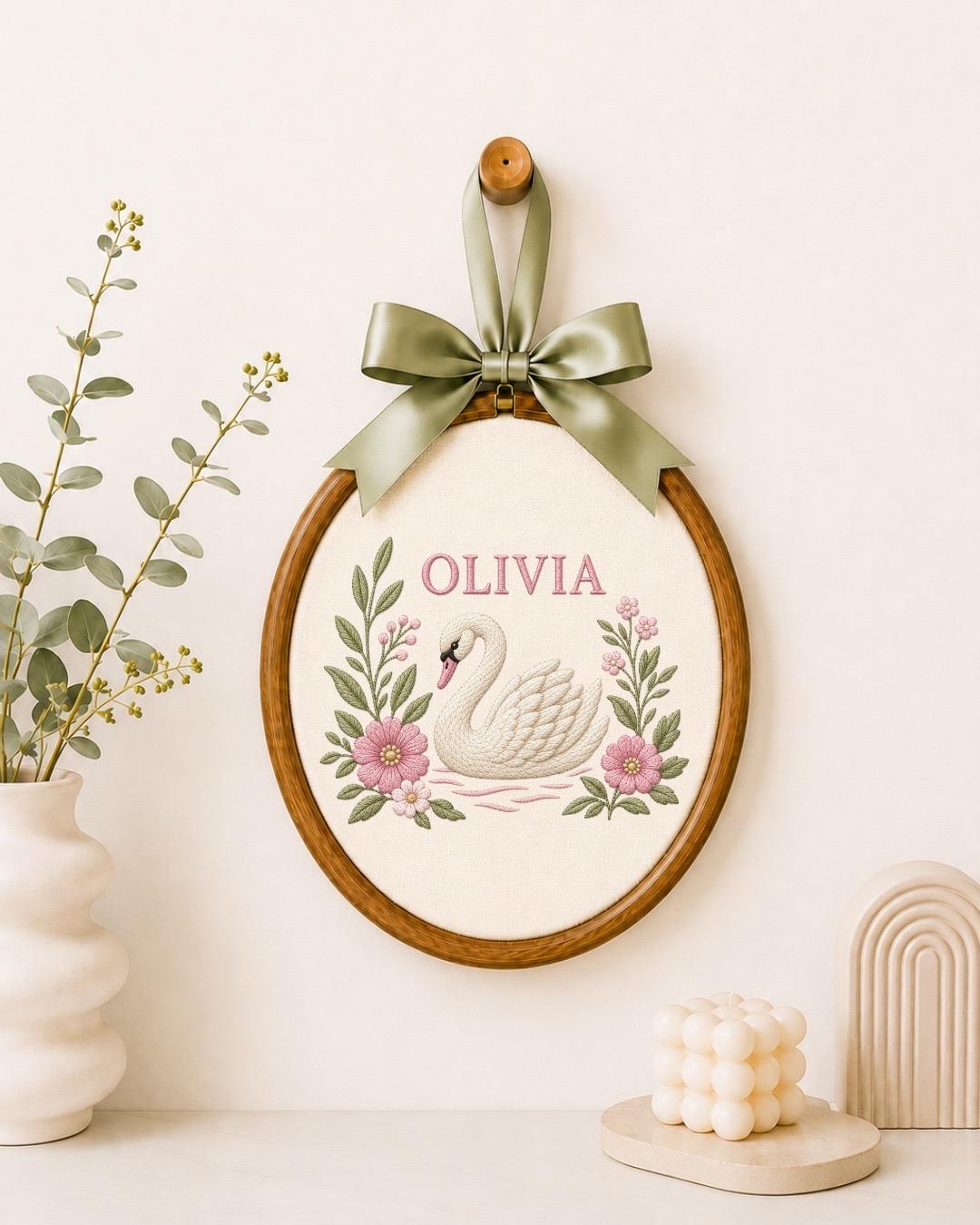 Personalized Swan Baby Embroidered Ornament, Custom Baby Name Hoop, Floral Nursery Decor, Baby Girl Gift, Newborn Keepsake