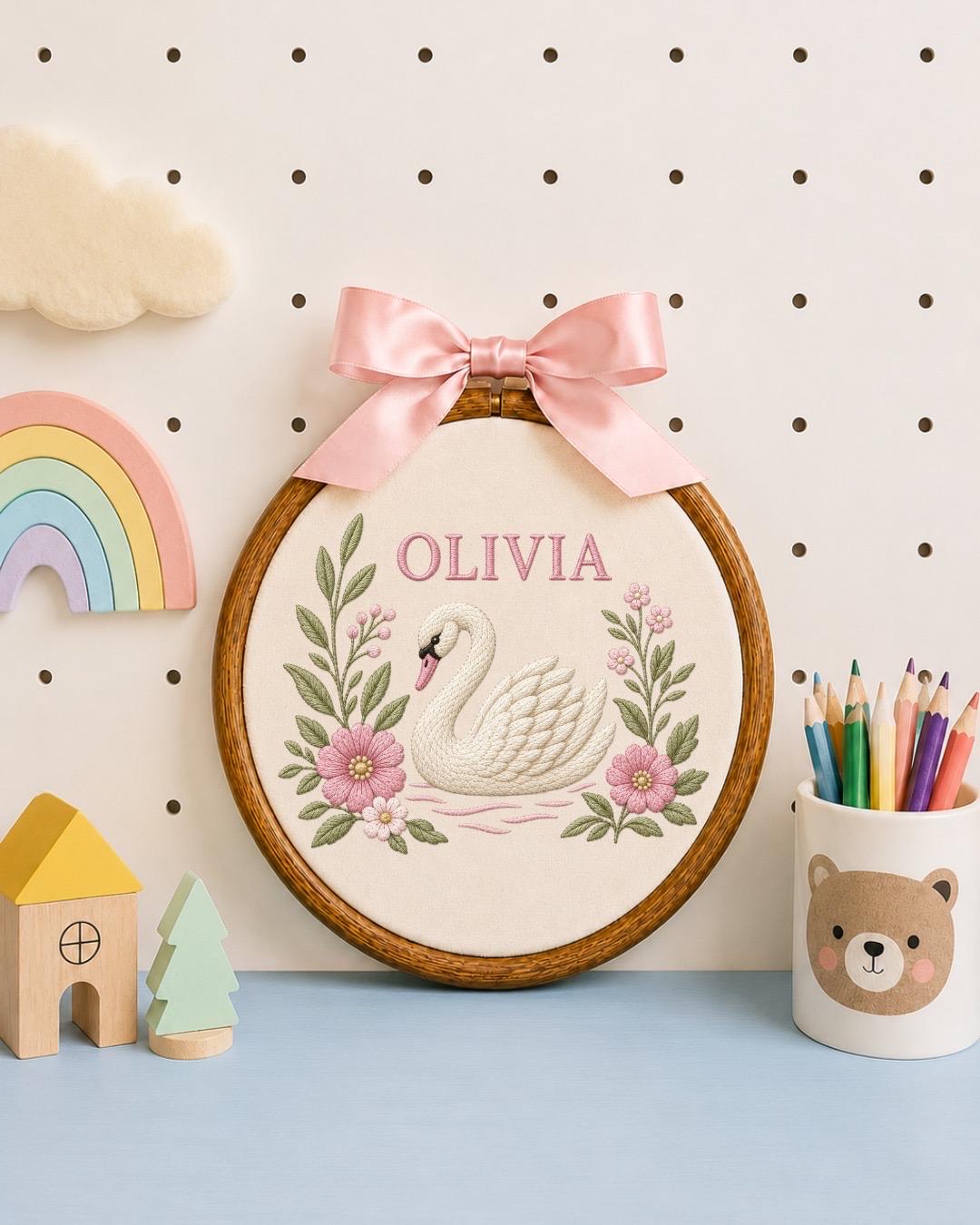 Personalized Swan Baby Embroidered Ornament, Custom Baby Name Hoop, Floral Nursery Decor, Baby Girl Gift, Newborn Keepsake