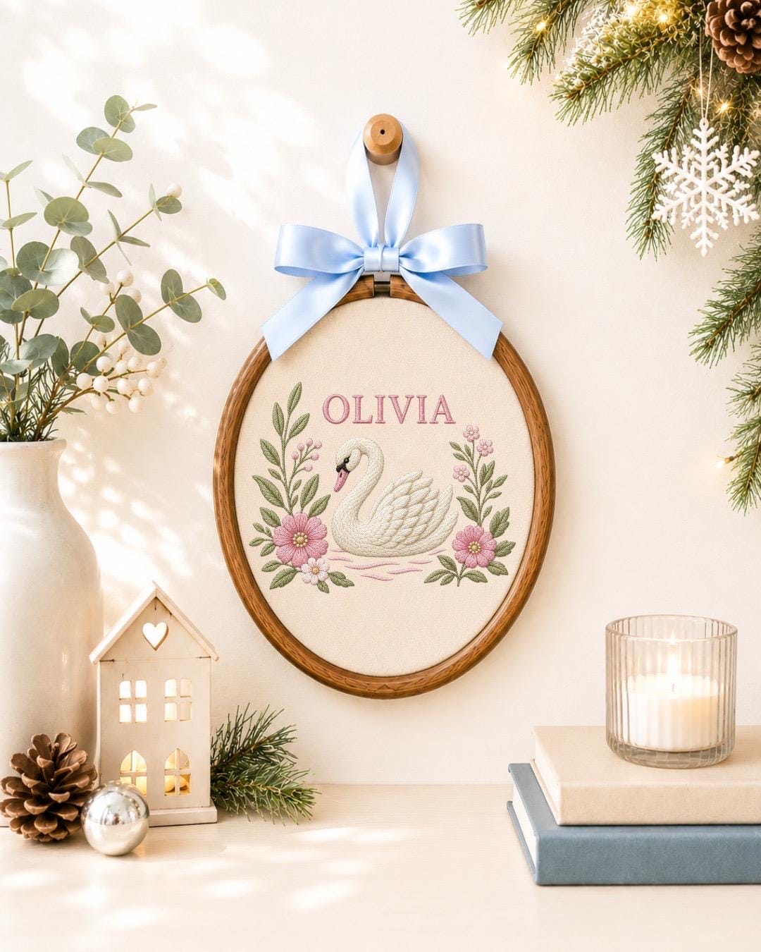 Personalized Swan Baby Embroidered Ornament, Custom Baby Name Hoop, Floral Nursery Decor, Baby Girl Gift, Newborn Keepsake