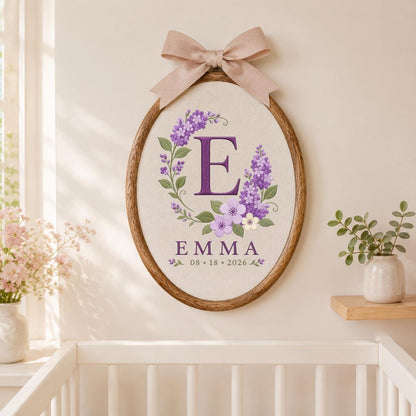 Personalized Floral Monogram Hoop, Emma Initial E Ornament, Purple Flower Embroidery Wall Hanging, Custom Name Date Gift