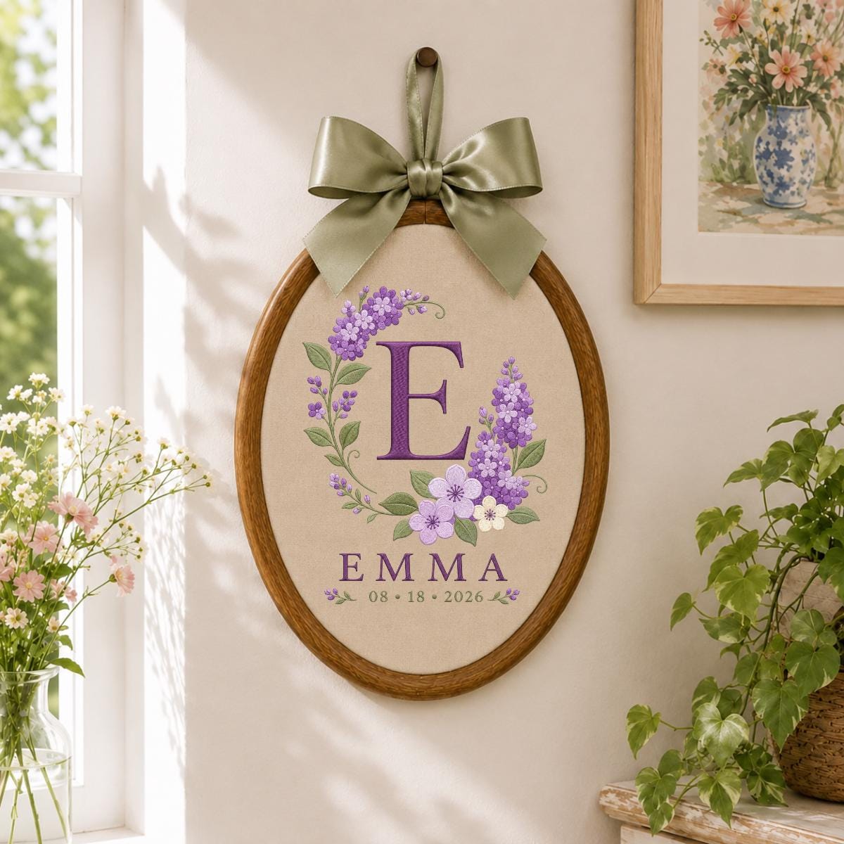 Personalized Floral Monogram Hoop, Emma Initial E Ornament, Purple Flower Embroidery Wall Hanging, Custom Name Date Gift