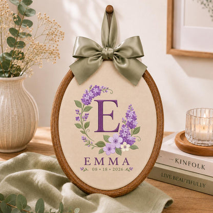 Personalized Floral Monogram Hoop, Emma Initial E Ornament, Purple Flower Embroidery Wall Hanging, Custom Name Date Gift