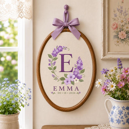 Personalized Floral Monogram Hoop, Emma Initial E Ornament, Purple Flower Embroidery Wall Hanging, Custom Name Date Gift