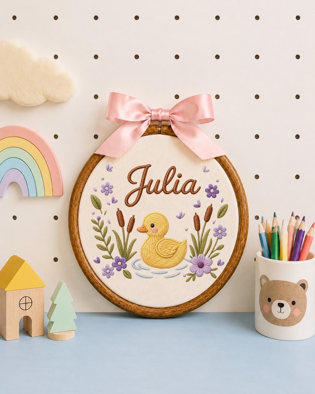 Personalized Duck Baby Embroidered Ornament, Custom Baby Name Hoop, Floral Nursery Decor, Baby Girl Gift, Newborn Keepsake