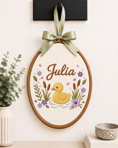Personalized Duck Baby Embroidered Ornament, Custom Baby Name Hoop, Floral Nursery Decor, Baby Girl Gift, Newborn Keepsake
