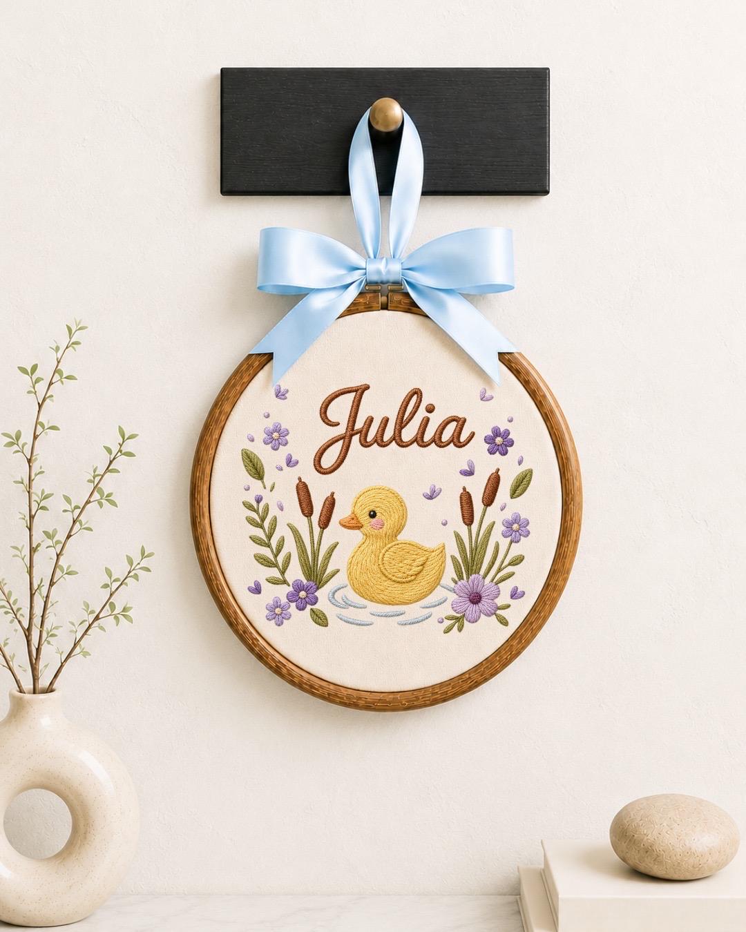 Personalized Duck Baby Embroidered Ornament, Custom Baby Name Hoop, Floral Nursery Decor, Baby Girl Gift, Newborn Keepsake