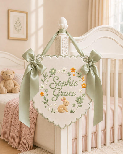 Personalized Embroidered Baby Name Banner, Bunny Nursery Wall Decor, Floral Custom Name Sign, Sage Green Baby Room Decor, Baby Shower Gift