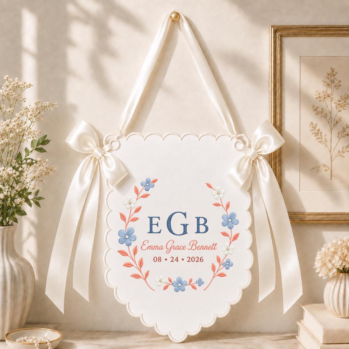 Personalized Baby Girl Monogram Scalloped Banner Decor, Custom Embroidered Name Date Initial Wall Hanging Sign, Hospital Door Hanger