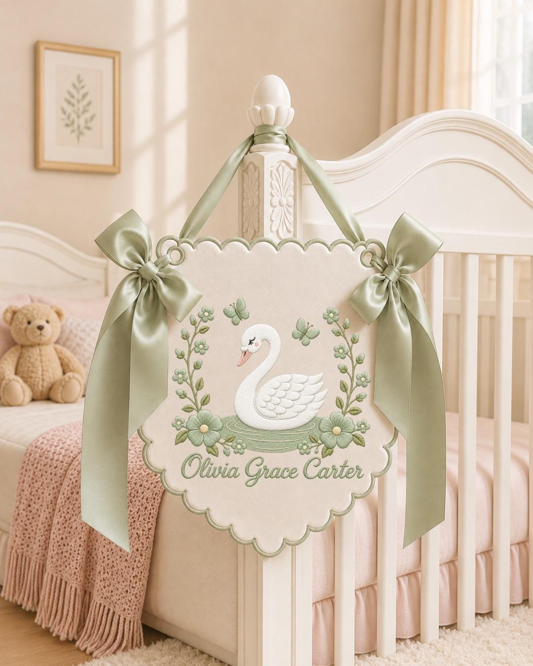 Personalized Embroidered Baby Name Banner, Swan Nursery Wall Decor, Floral Baby Girl Name Sign, Custom Nursery Decor, Baby Shower Gift