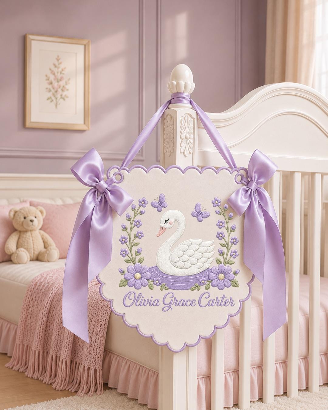 Personalized Embroidered Baby Name Banner, Swan Nursery Wall Decor, Floral Baby Girl Name Sign, Custom Nursery Decor, Baby Shower Gift