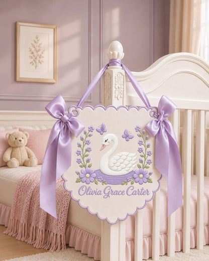 Personalized Embroidered Baby Name Banner, Swan Nursery Wall Decor, Floral Baby Girl Name Sign, Custom Nursery Decor, Baby Shower Gift