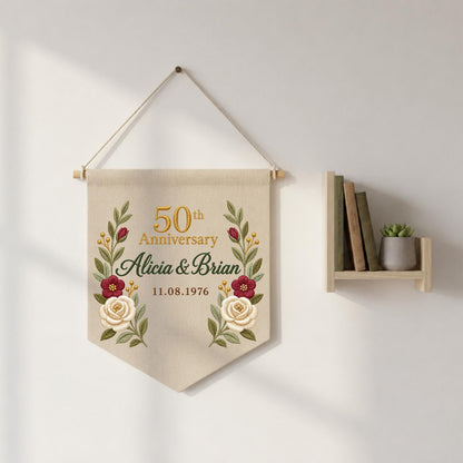 Personalized Embroidered 50th Wedding Anniversary Wall Hanging Banner, Golden Anniversary Gift, Custom Couple Names, Floral Keepsake Decor