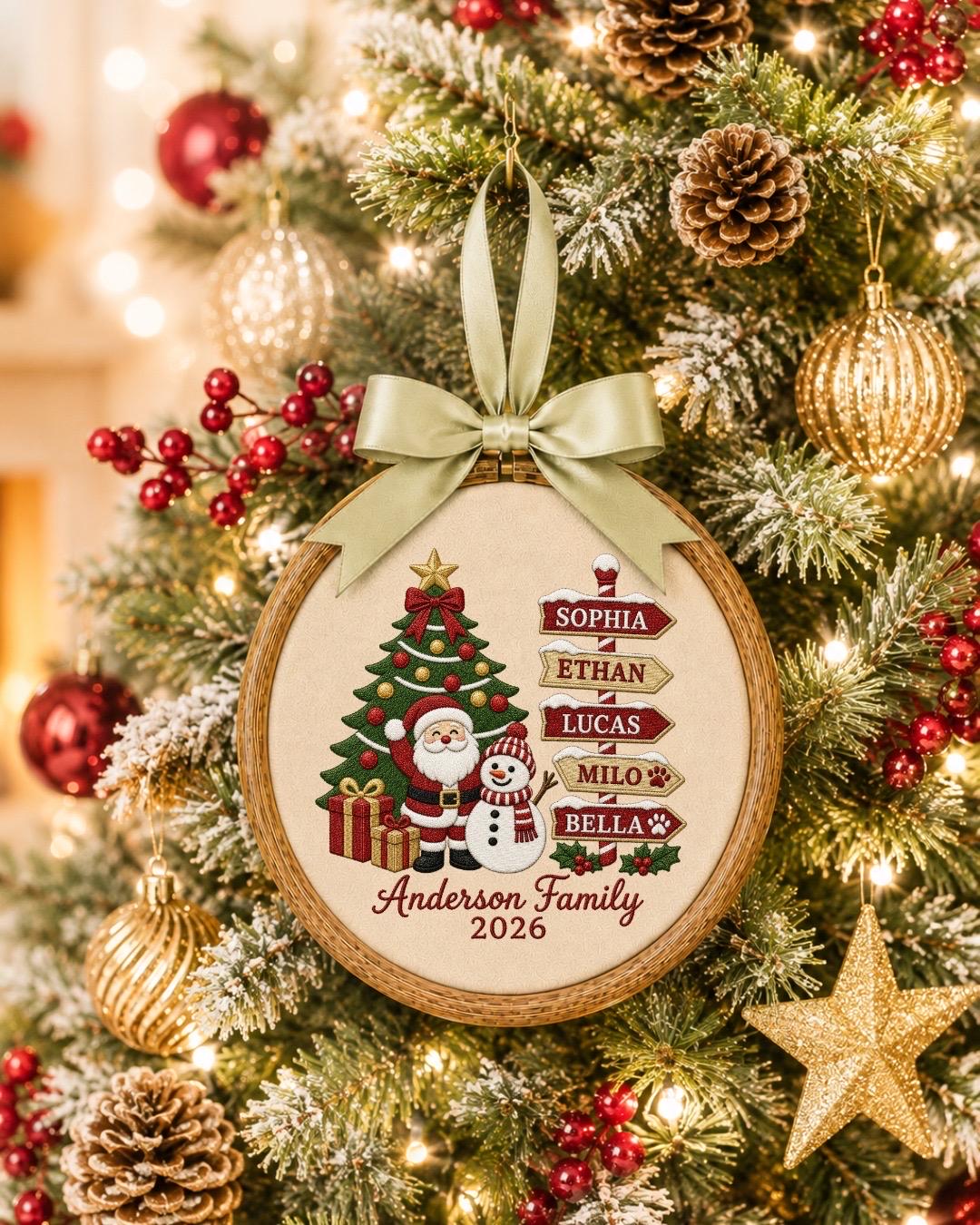 Personalized Family Christmas Embroidered Ornament, Custom Family Name Christmas Decor, Santa Snowman Keepsake, Family Christmas Gift