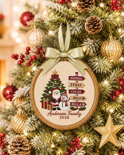 Personalized Family Christmas Embroidered Ornament, Custom Family Name Christmas Decor, Santa Snowman Keepsake, Family Christmas Gift