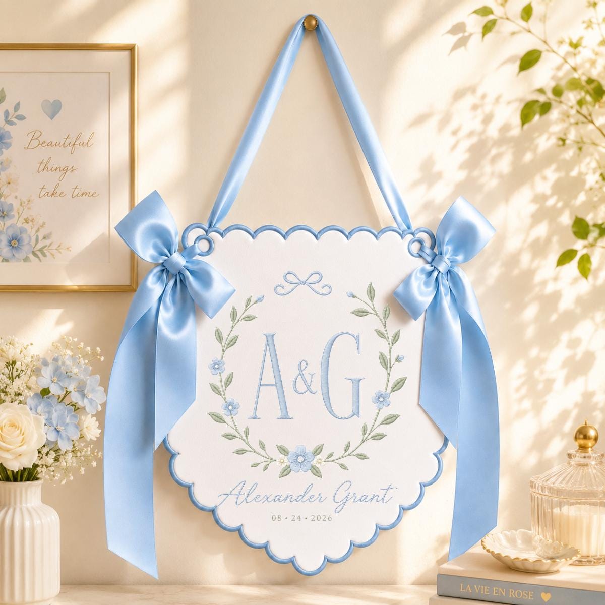 Personalized Monogram Scalloped Banner, Custom Name Alexander Grant Embroidered Initial AG Lavender Bows Nursery Wall Sign