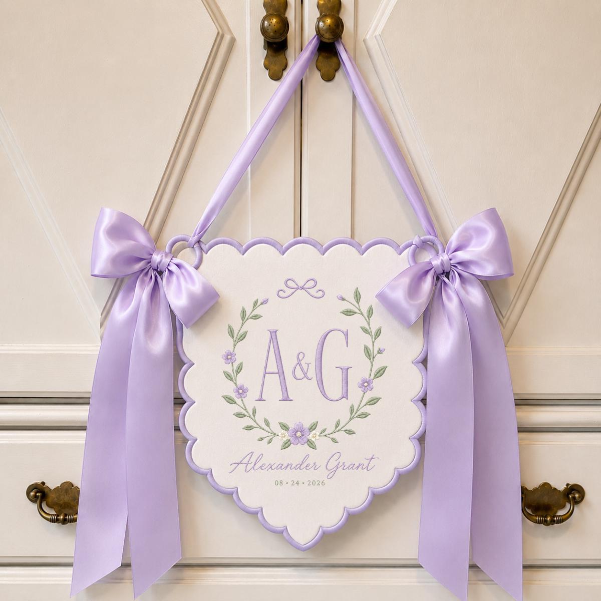 Personalized Monogram Scalloped Banner, Custom Name Alexander Grant Embroidered Initial AG Lavender Bows Nursery Wall Sign
