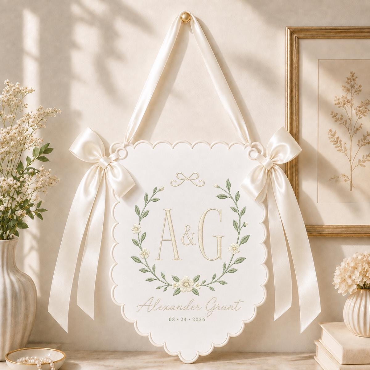 Personalized Monogram Scalloped Banner, Custom Name Alexander Grant Embroidered Initial AG Lavender Bows Nursery Wall Sign
