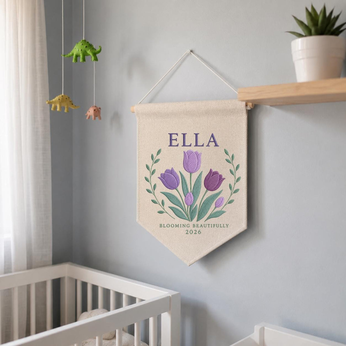 Personalized Purple Tulip Canvas Pennant Banner, Custom Name Ella Blooming Beautifully Embroidered Girl Nursery Wall Sign Decor