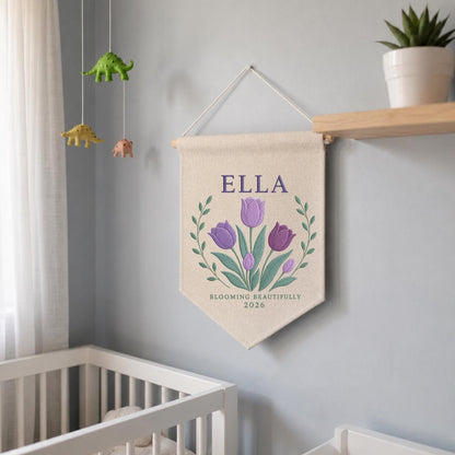 Personalized Purple Tulip Canvas Pennant Banner, Custom Name Ella Blooming Beautifully Embroidered Girl Nursery Wall Sign Decor
