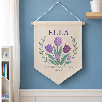 Personalized Purple Tulip Canvas Pennant Banner, Custom Name Ella Blooming Beautifully Embroidered Girl Nursery Wall Sign Decor