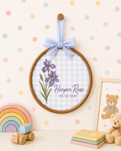 Personalized Birth Flower Embroidered Ornament, Custom Birth Month Flower Name Keepsake, Floral Baby Name Sign, Newborn Gift