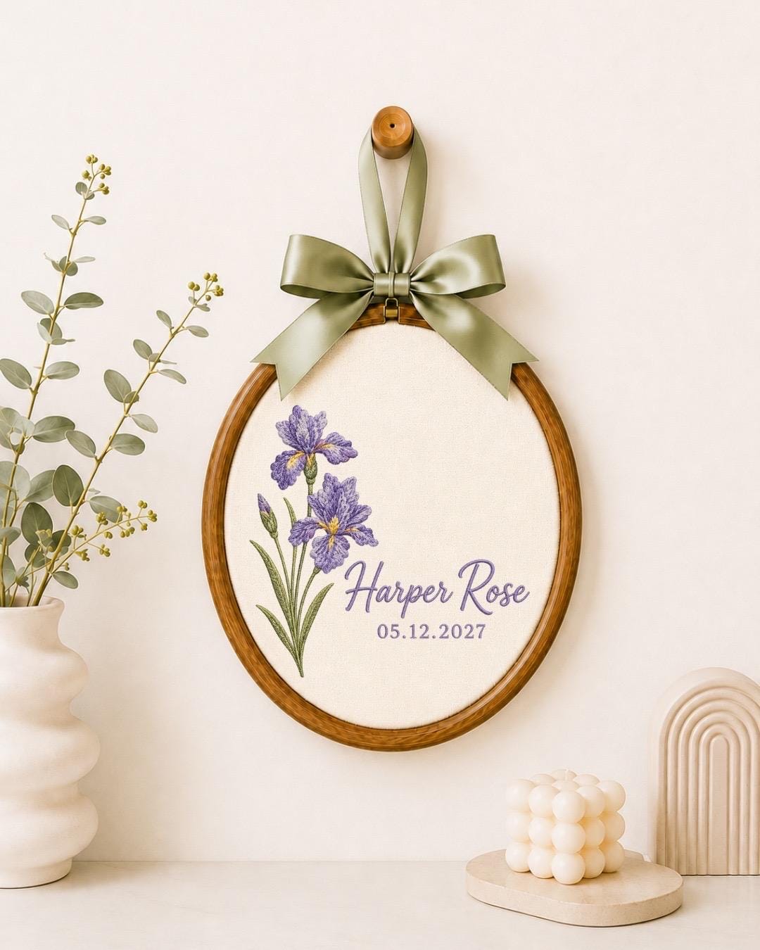 Personalized Birth Flower Embroidered Ornament, Custom Birth Month Flower Name Keepsake, Floral Baby Name Sign, Newborn Gift